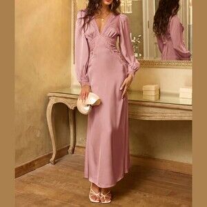 Dusty Pink Satin Lace Trim V Neck Balloon Bishop Sleeve Maxi Dress